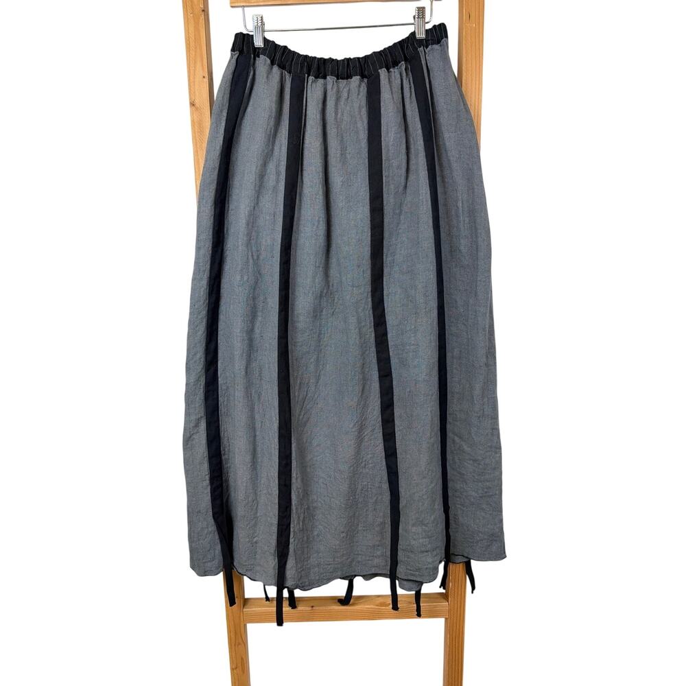Cynthia Ashby Gray Linen Long Skirt Black Ribbon Trim Art-to-Wear Size XL